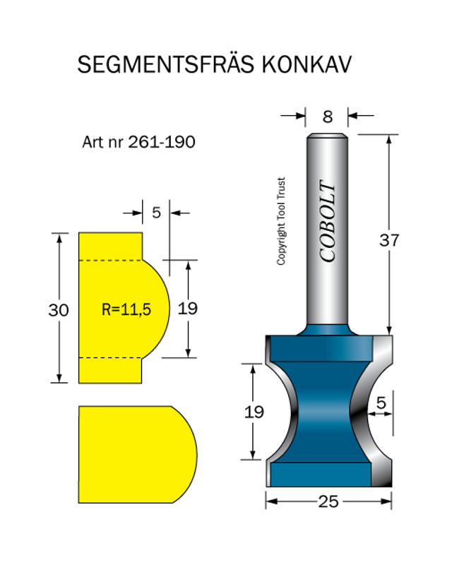 Cobolt Segmentfräs L=19 R=11,5 D=25 S=8