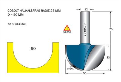 Cobolt Hålkälsfräs D=50 L=33 TL=75 R=25 S=12