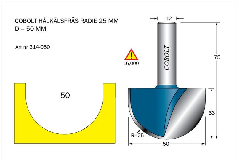 Cobolt Hålkälsfräs D=50 L=33 TL=75 R=25 S=12