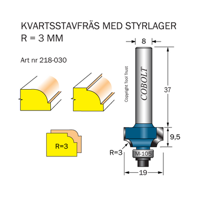 Cobolt Kvartstavsfräs R=3 D=19 S=8