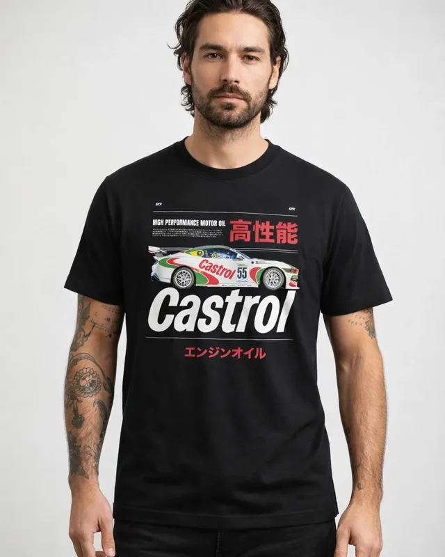 Bold Retro Castrol Car T-shirt i svart