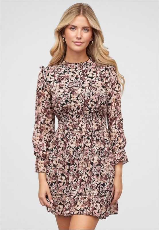 Chiffonkjole med linning og blomsterprint