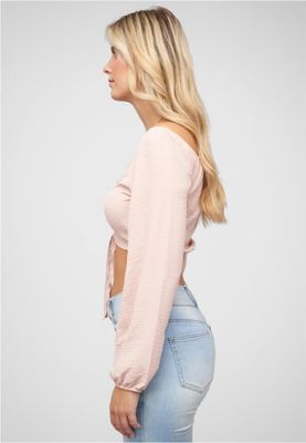 Pink short V-neck blouse with balloon sleeves