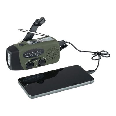 Emergency radio with crank, solar cells, power bank
