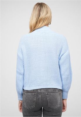 Blue pullover with stand-up collar and V-neckline