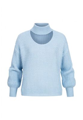 Blue pullover with stand-up collar and V-neckline