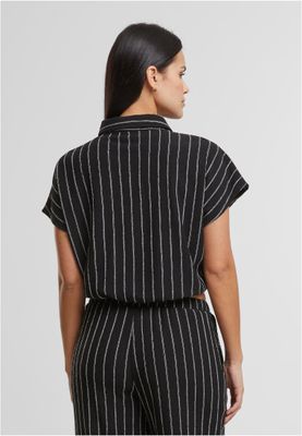 Elegant randig blus med knytning och skjortkrage