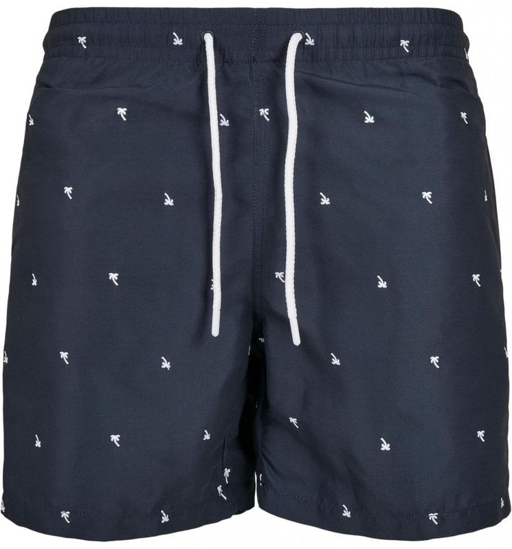 Dark blue swim shorts with palm trees
