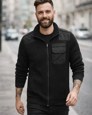 Lappar på axlar och bröstficka BW Cardigan Zip-Hoodie – svart