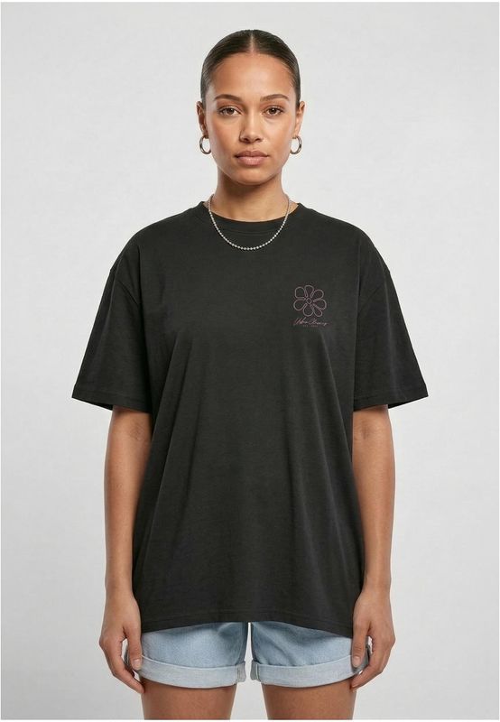 T-shirt för dam med blommönster bröst och – svart