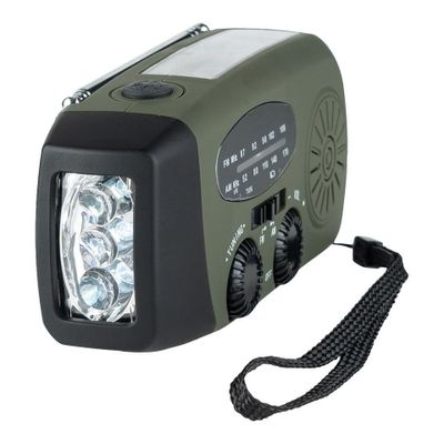 Emergency radio with crank, solar cells, power bank