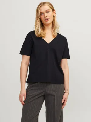 V-ringad T-shirt med kort ärm dam