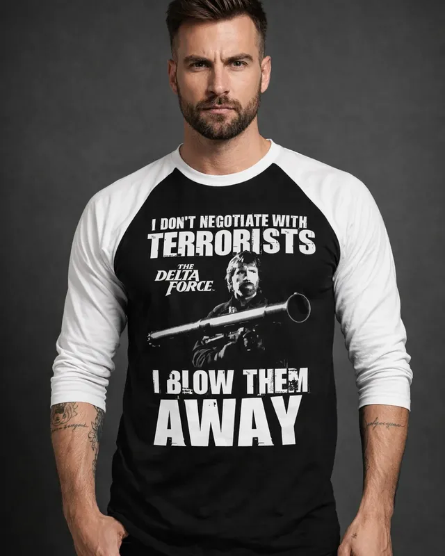 The Delta Force Chuck Norris I Blow Terrorists Away Baseball 3/4 Sleeve T-shirt – whiteblack