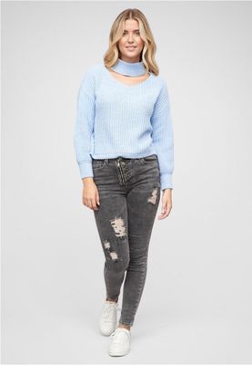 Blue pullover with stand-up collar and V-neckline