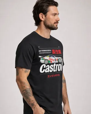 Bold Retro Castrol Car T-shirt i svart
