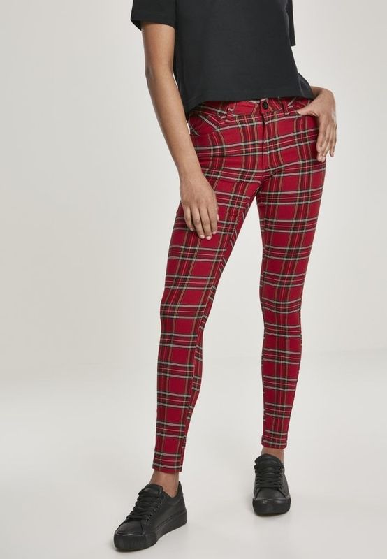 Red checkered slim pants lady