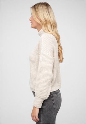 Beige pullover with stand-up collar and V-neckline