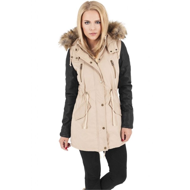 Ladies Læder Imitation Sleeve Parka Jakke Sand