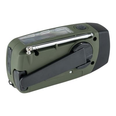 Emergency radio with crank, solar cells, power bank