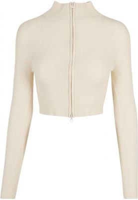 Ladies Cropped Rib Knit Zip Cardigan