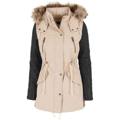 Ladies Leather Imitation Sleeve Parka Jacket Sand