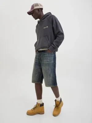 Långa mörkblå jeansshorts herr - tvättad finish