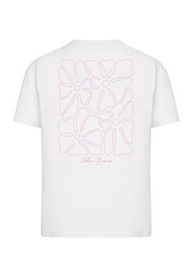 T-shirt för dam med blomma bröst blommor rygg – vit