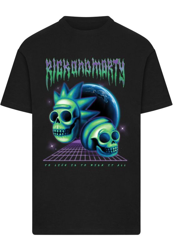 Skalle, neon färger, text Rick & Morty Skull Tee T-shirt – svart