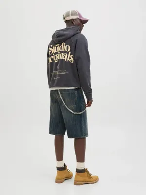 Långa mörkblå jeansshorts herr - tvättad finish