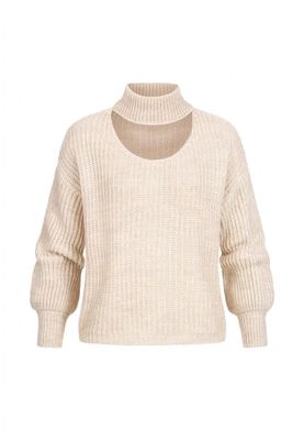 Beige pullover with stand-up collar and V-neckline