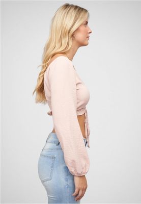 Pink short V-neck blouse with balloon sleeves