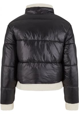 Women's shiny puffer jacket with teddy cuffs
