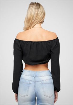 Short V-neck blouse with balloon sleeves & ruffle detail at the front