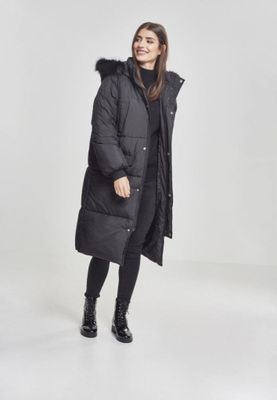 Long puff jacket with fur hood