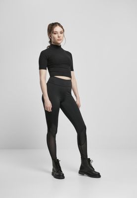 Højtaljede leggings og diagonale blondestriber under knæet