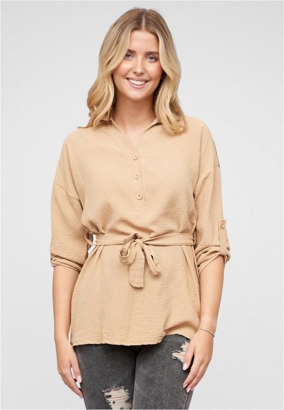 Beige tunika med bindebånd i taljen