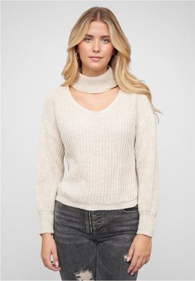Beige pullover with stand-up collar and V-neckline