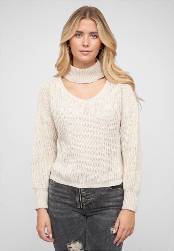 Beige pullover med opretstående krave og V-udskæring