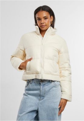 Women's shiny puffer jacket with teddy cuffs