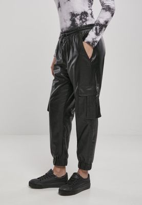 Trousers with leg pocket in fake leather