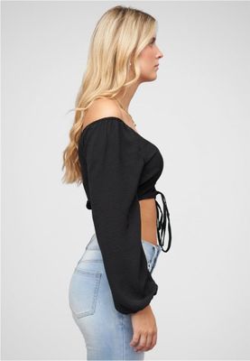 Short V-neck blouse with balloon sleeves & ruffle detail at the front