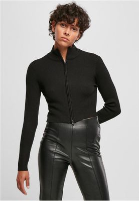 Ladies Cropped Rib Knit Zip Cardigan