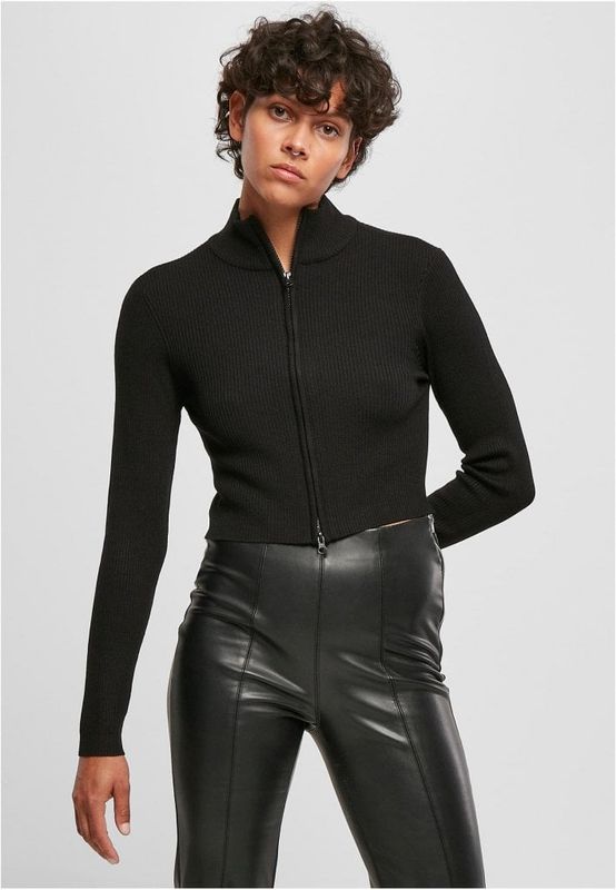 Ladies Cropped Rib Knit Zip Cardigan