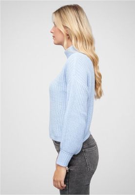Blue pullover with stand-up collar and V-neckline
