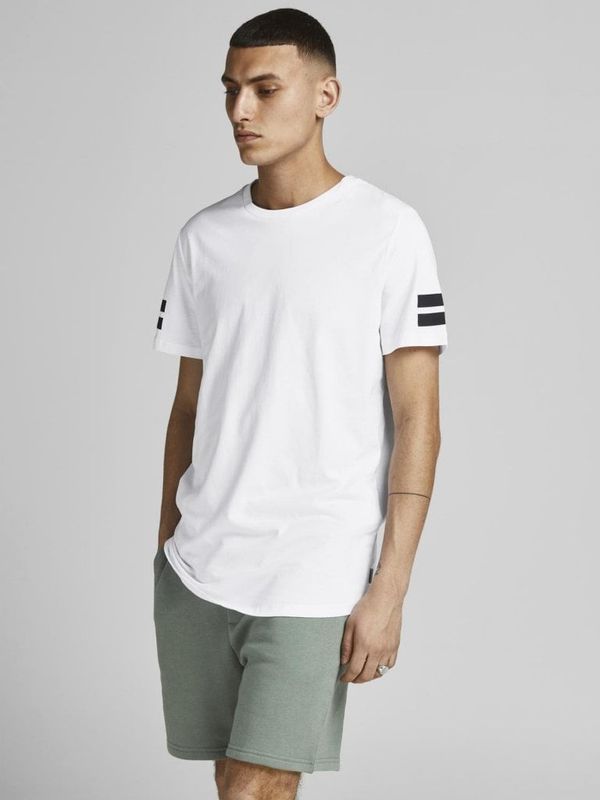 White t-shirt with black stripes on the sleeves for men