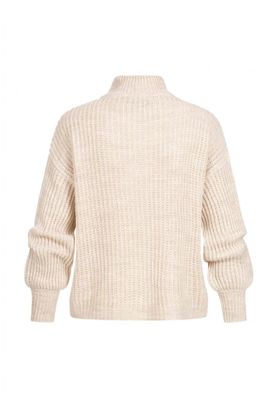 Beige pullover with stand-up collar and V-neckline