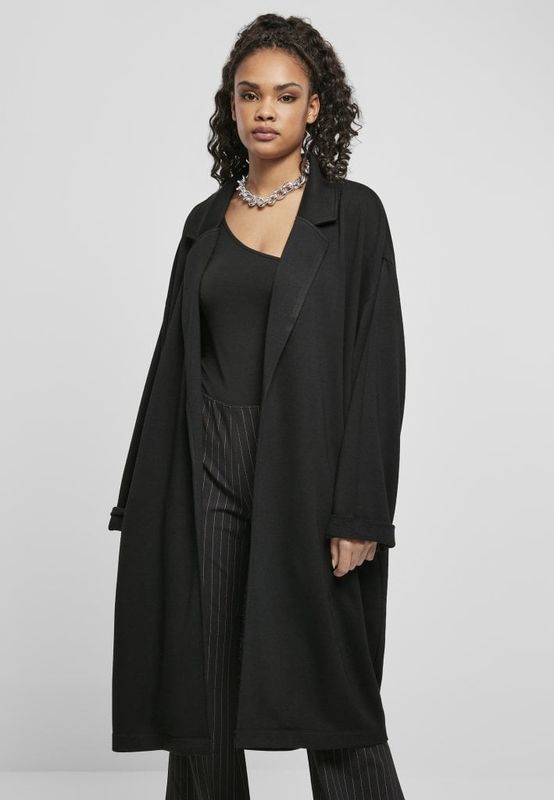 Black knee-length open coat lady