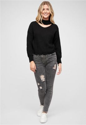 Pullover with stand-up collar and V-neckline