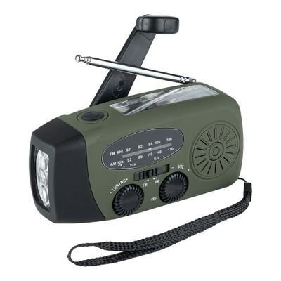 Emergency radio with crank, solar cells, power bank