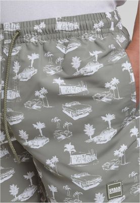 Pattern Swim Shorts Pale Olive/White